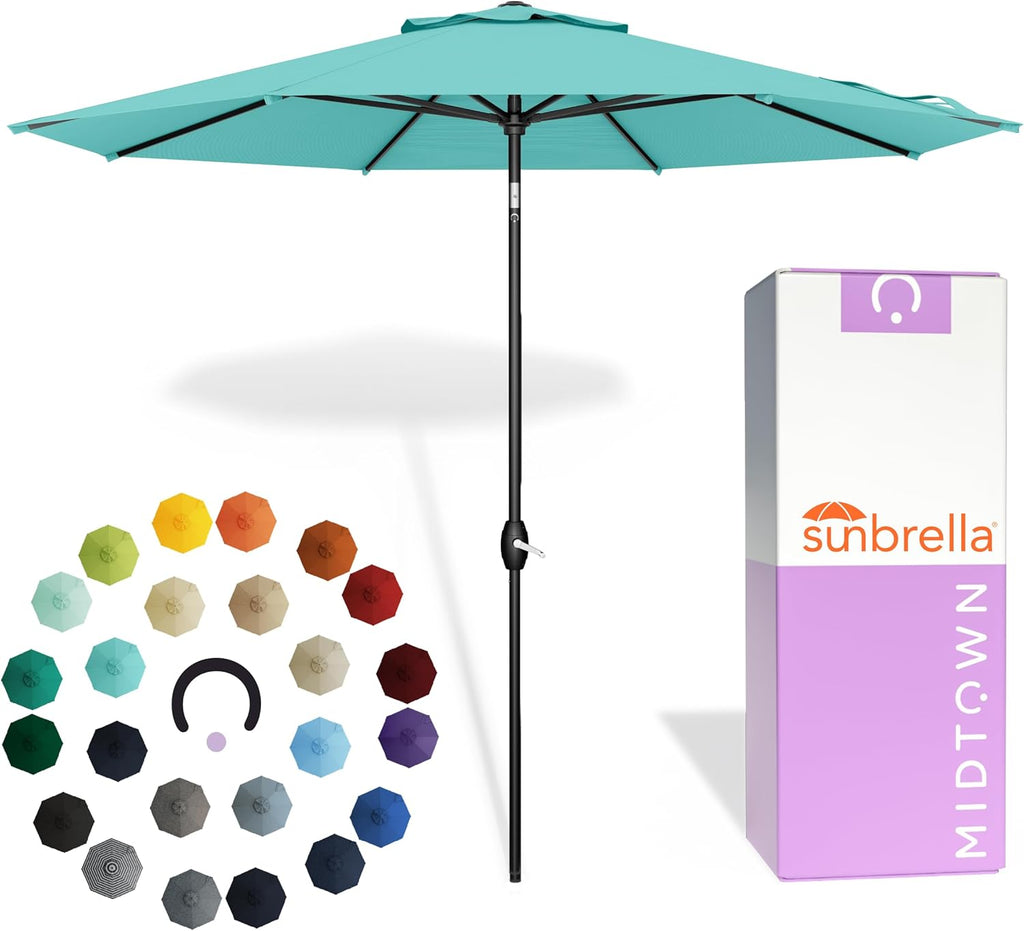 Midtown Umbrellas - The Lean 9 Ft Patio Umbrella with Fade-Resistant Sunbrella Fabric, Auto-Tilt Aluminum Frame and 8 Reinforced Ribs for Deck, Pool & Garden - Aruba Canopy, Black Pole