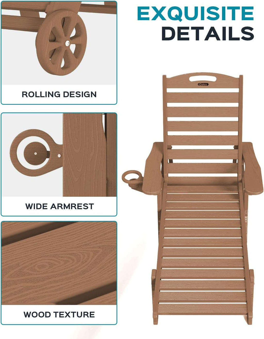 Ciokea Lounge Chair Outdoor, Oversized Chaise Lounge Chair with 5 Positions, HDPE, Patio Lounge Chair with Wheels & Cup Holder for Pool, Deck, Poolside, Teak