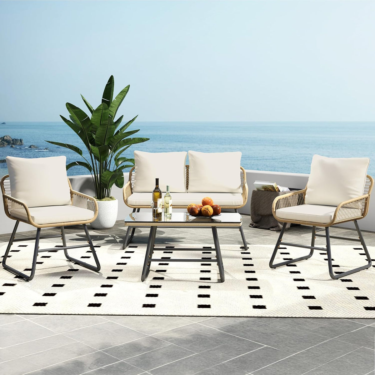 Yaheetech 4 Piece Patio Furniture Set, Outdoor Wicker Conversation Sets, Boho Loveseat & 2 Armchairs with Cushion and Pillow, Glass Top Table for Backyard, Porch, Balcony, Deck - Tan/Cream