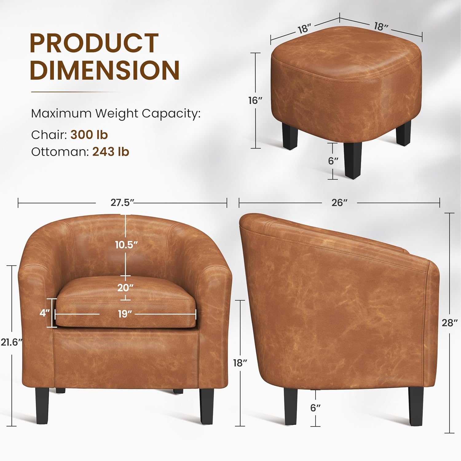 Yaheetech Accent Chair with Ottoman Footstool, PU Leather Modern Upholstered Soft Barrel Chair, Comfy Club Armchair and Footrest Set for Living Room/Bedroom/Reading Room/Guestroom, Brown
