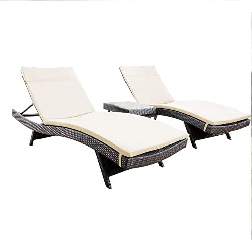 GDFStudio Savana 3 Piece Outdoor Wicker Lounge with Water Resistant Cushions & Coffee Table (Grey/Beige)