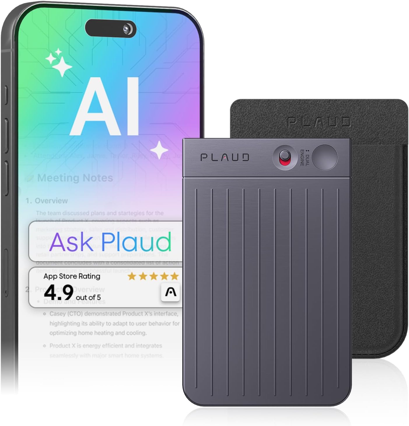 Plaud Note AI Voice Recorder, Note Taker w/Case, App Control, Transcribe & Summarize with AI, Support 112 Languages, for Meetings, Calls, Lectures, Professionals, Teams, Black, Non-Pro Version