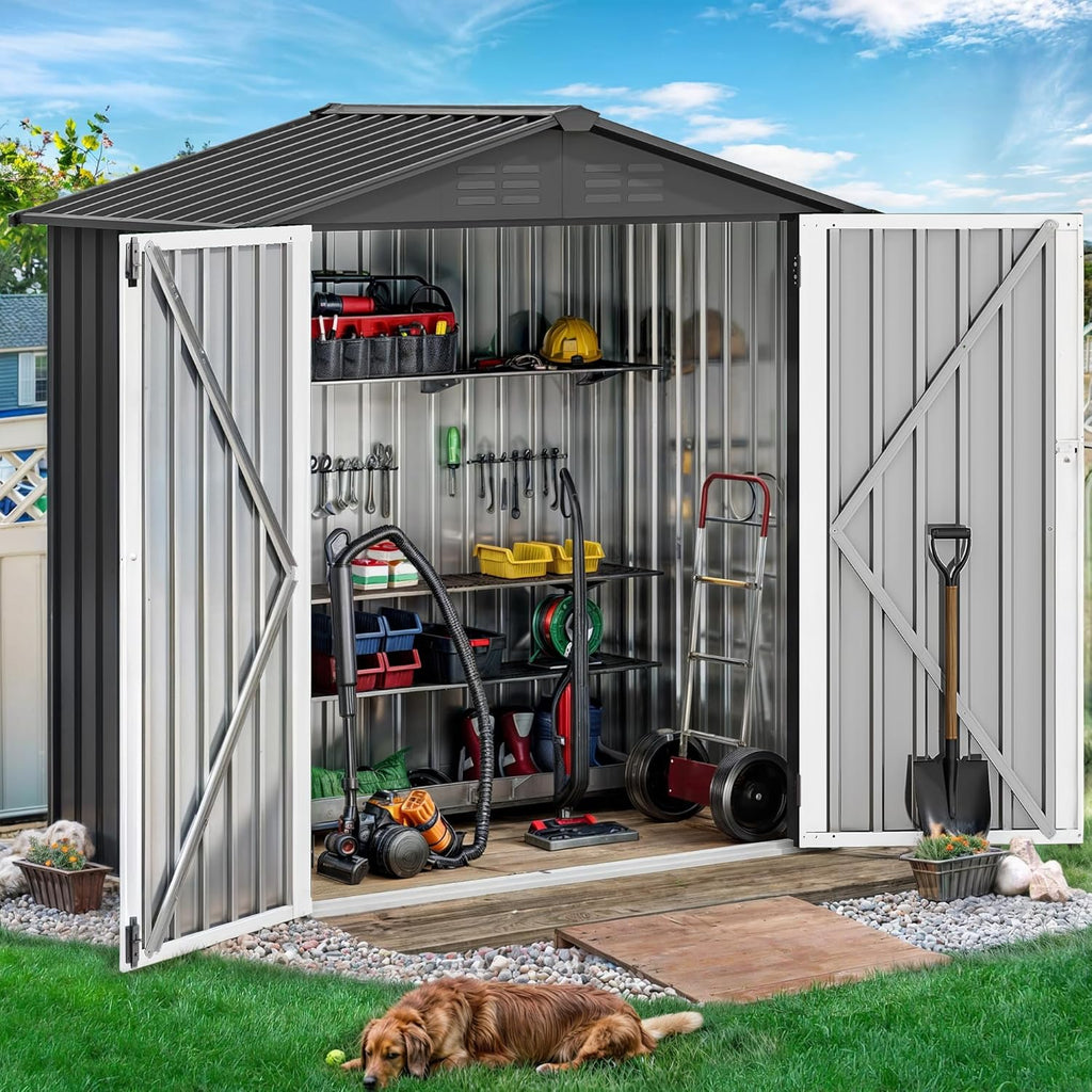 DWVO 6x4ft Small Tool Storage Shed, Lockable Doors, and Sloped Roof, Oversized Steel Outdoor Storage Shed for Garden, Patio, Garage, Backyard, Lawn - Dark Gray