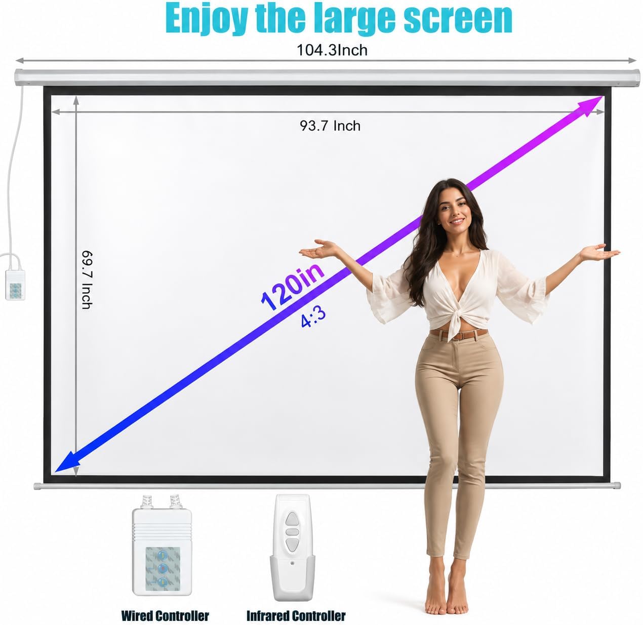 120" Motorized Projector Screen, Electric 4:3 Projector Screen with Remote Control, Indoor/Outdoor HD Movie Screen, Wall/Ceiling Mounted, Perfect for Home Office Theater TV, White