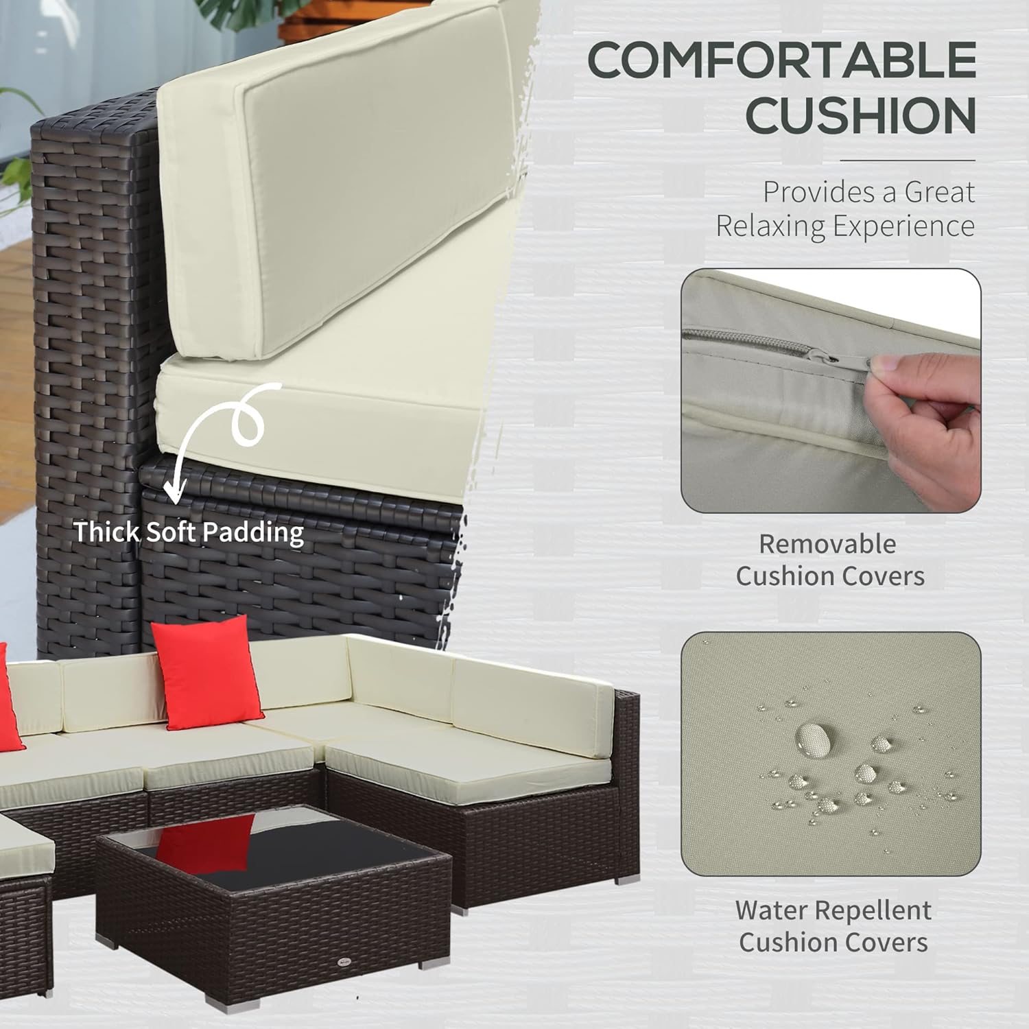 Outsunny 7 Piece Patio Furniture Set, Wicker Outdoor Sectional Sofa Set, All Weather PE Rattan Outdoor Furniture Conversation Sets with Cushions, Glass Top Coffee Table, Pillows, Cream White