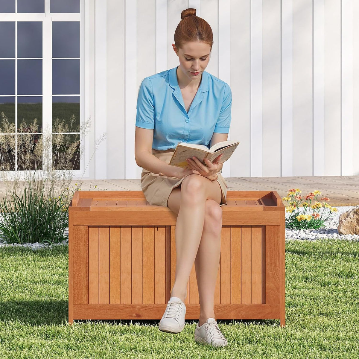 Tangkula 52 Gallon Wood Outdoor Storage Box, 3-in-1 Patio Storage Bench with Flip Top for Cushions, Pool Supplies, Gardening Tools, Outdoor Deck Box for Garden, Backyard, Poolside