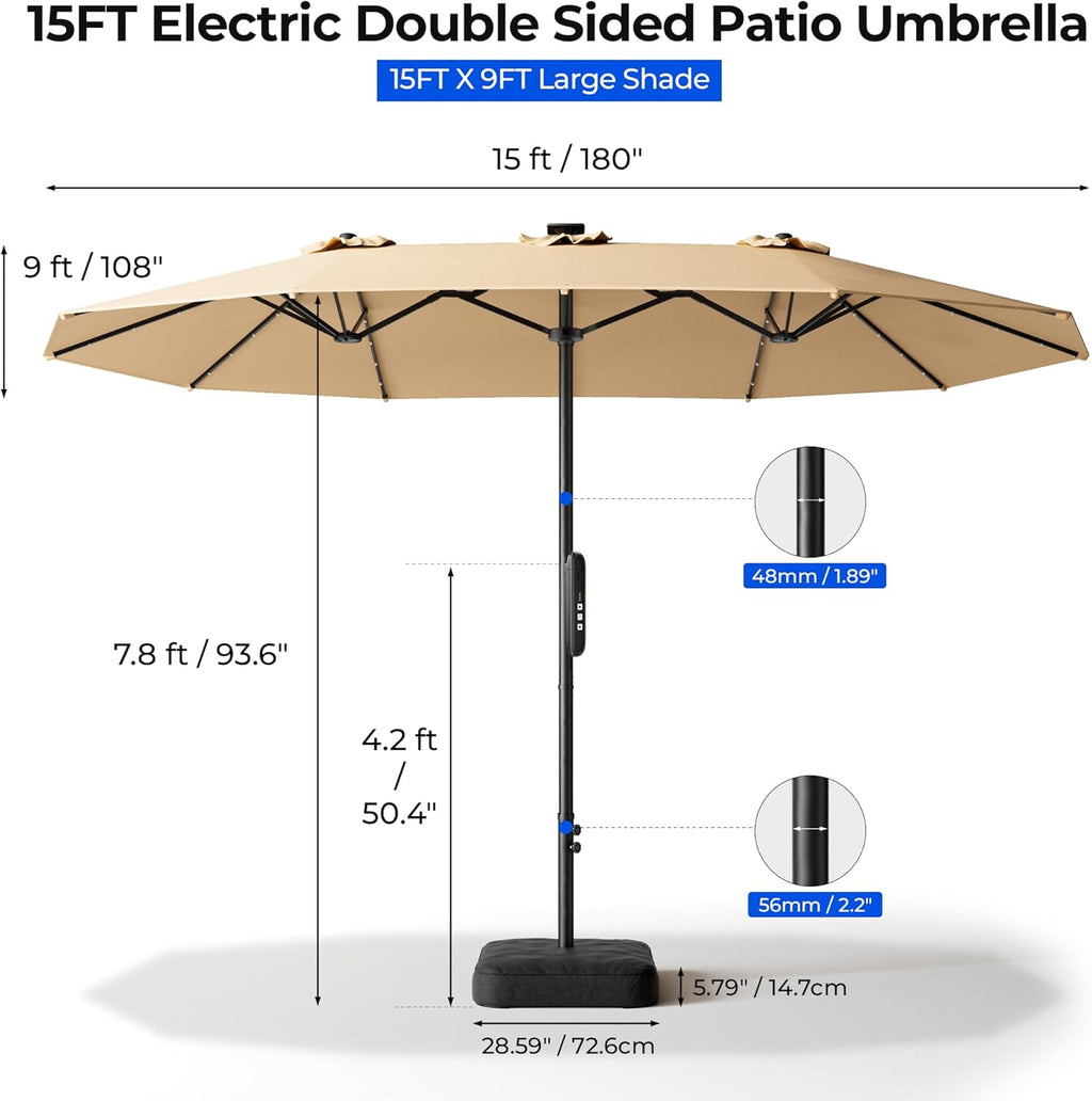 HOMSHADE 15FT Motorized Electric Large Patio Umbrella with Base and Solar Lights Outdoor, Double-Sided Rectangle Umbrella with Remote Control, 30° Auto-Open for Pool Deck Table Market Backyard, Beige
