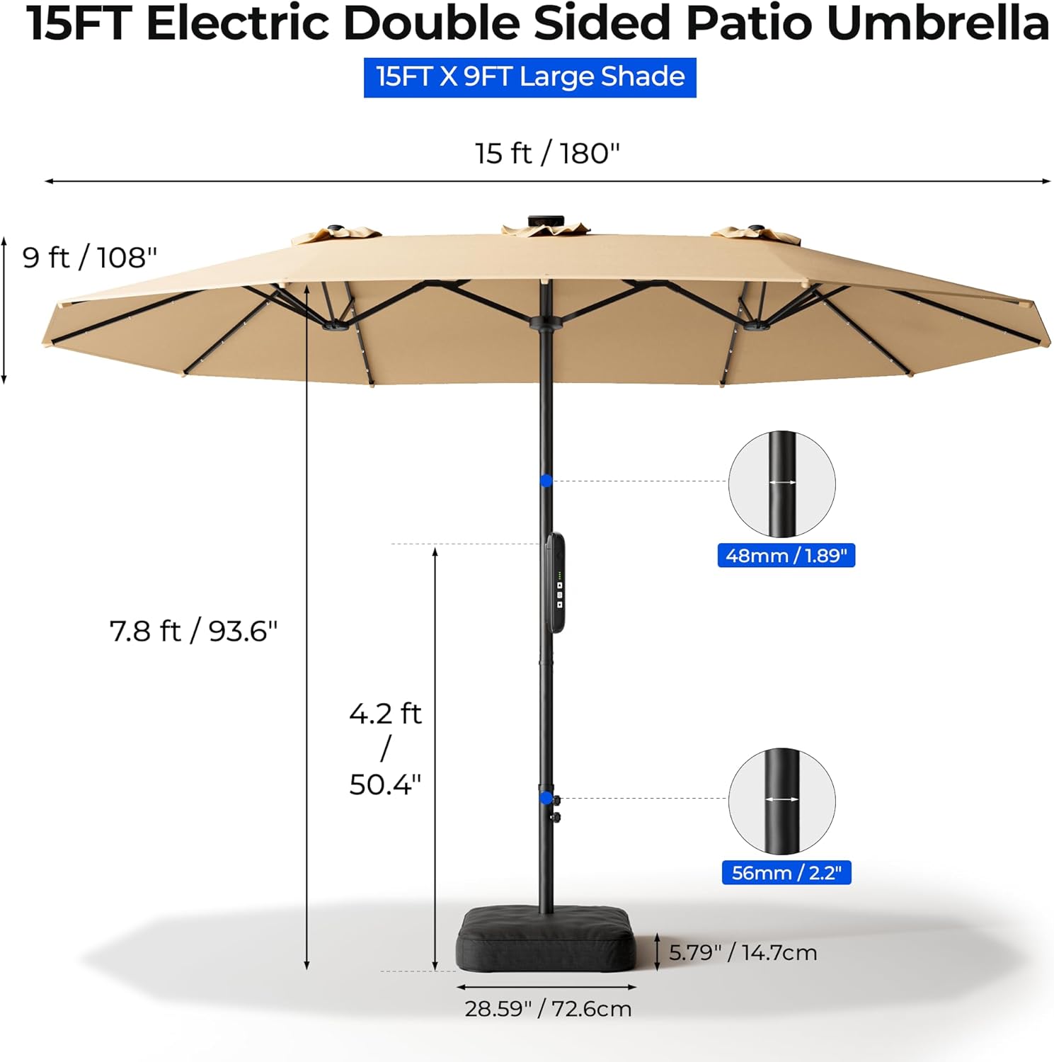 HOMSHADE 15FT Motorized Electric Large Patio Umbrella with Base and Solar Lights Outdoor, Double-Sided Rectangle Umbrella with Remote Control, 30° Auto-Open for Pool Deck Table Market Backyard, Beige