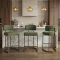 26" H Counter Height Bar Stools Set of 3, Modern Linen Fabric Upholstered Barstools with Backrest for Kitchen Island, Gold Metal Frames, Green