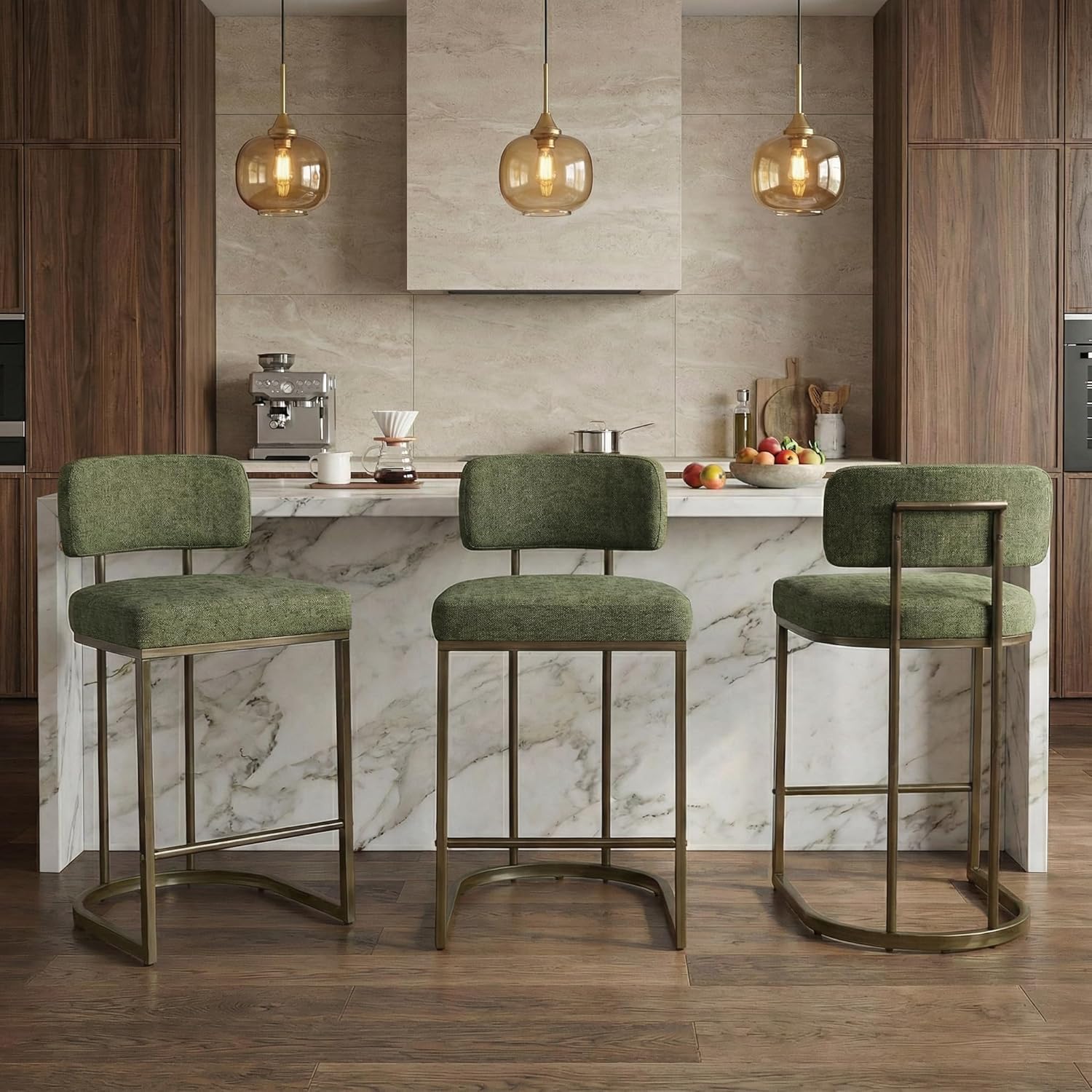 26" H Counter Height Bar Stools Set of 3, Modern Linen Fabric Upholstered Barstools with Backrest for Kitchen Island, Gold Metal Frames, Green