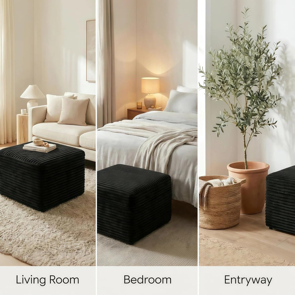 JINGLING 25.6 Inch Plush Corduroy Ottoman, Modular Sectional Foot Rest for Living Room, Upholstered Cloud Ottoman for Boneless Couch in a Box, Compressed Memory Foam, No Assembly Require, Black