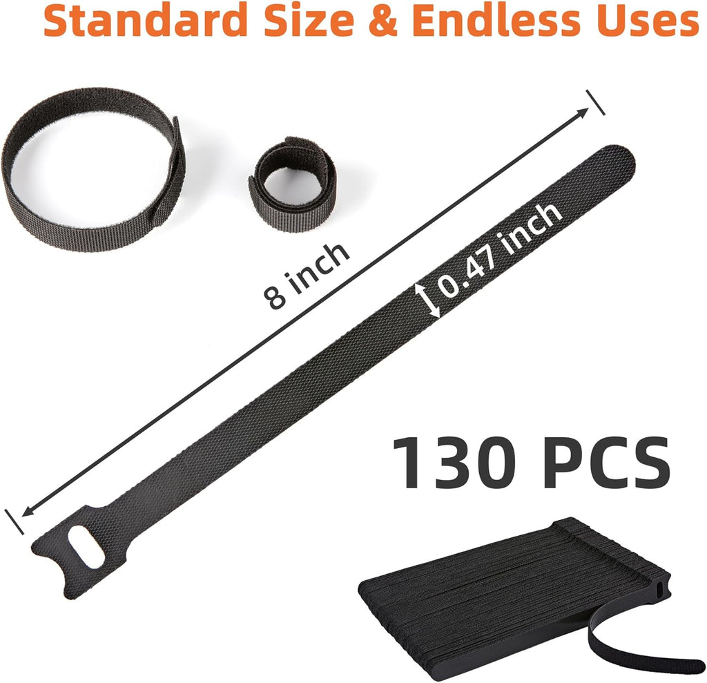 130PCS Reusable Cable Ties with Hook and Loop, Multi-purpose Adjustable 8 Inch Cable Management Wire Ties Cable Straps for Organizing Home, Office and Data Centers, Black