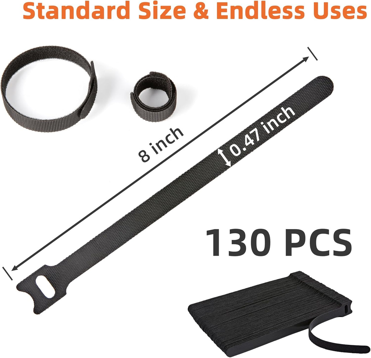130PCS Reusable Cable Ties with Hook and Loop, Multi-purpose Adjustable 8 Inch Cable Management Wire Ties Cable Straps for Organizing Home, Office and Data Centers, Black
