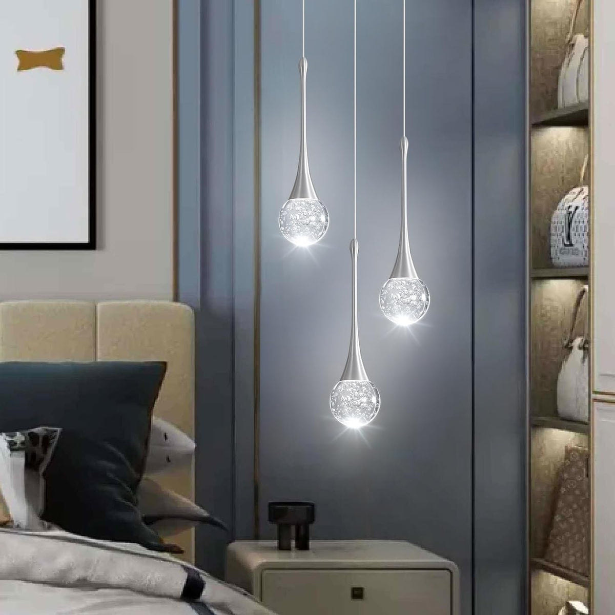 3-Lights Modern Pendant Lights for Kitchen Island LED Dimmable Crystal Glam Ceiling Pendant Lighting Chandelier for Dining Room Hallway Bedroom Corner Lamp Brushed Nickel