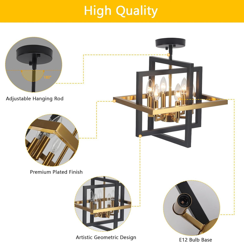 Small Black and Gold Chandelier- 6 Lights Geometric Pendant Light Fixture, Modern Industrial Chandeliers Hanging Lights for Entryway Dining Room Living Room Kitchen Island Hallway Foyer