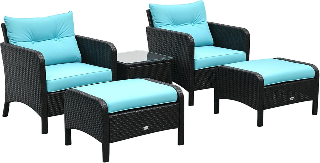 Outsunny 5 Pieces Rattan Wicker Lounge Chair Outdoor Patio Conversation Set with 2 Cushioned Chairs, 2 Ottomans and Tempered Glass Top Coffee Table, Brown/Blue