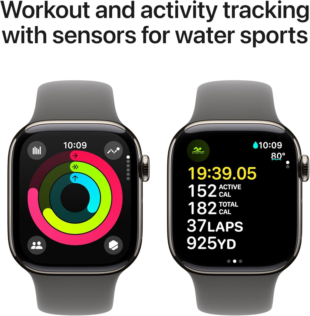 Apple Watch Series 10 GPS + Cellular 42mm with Natural Titanium Case with Stone Grey Sport Band - M/L. Fitness Tracker, ECG App, Always-On Retina Display, Water Resistant with AppleCare+ (2 Years)
