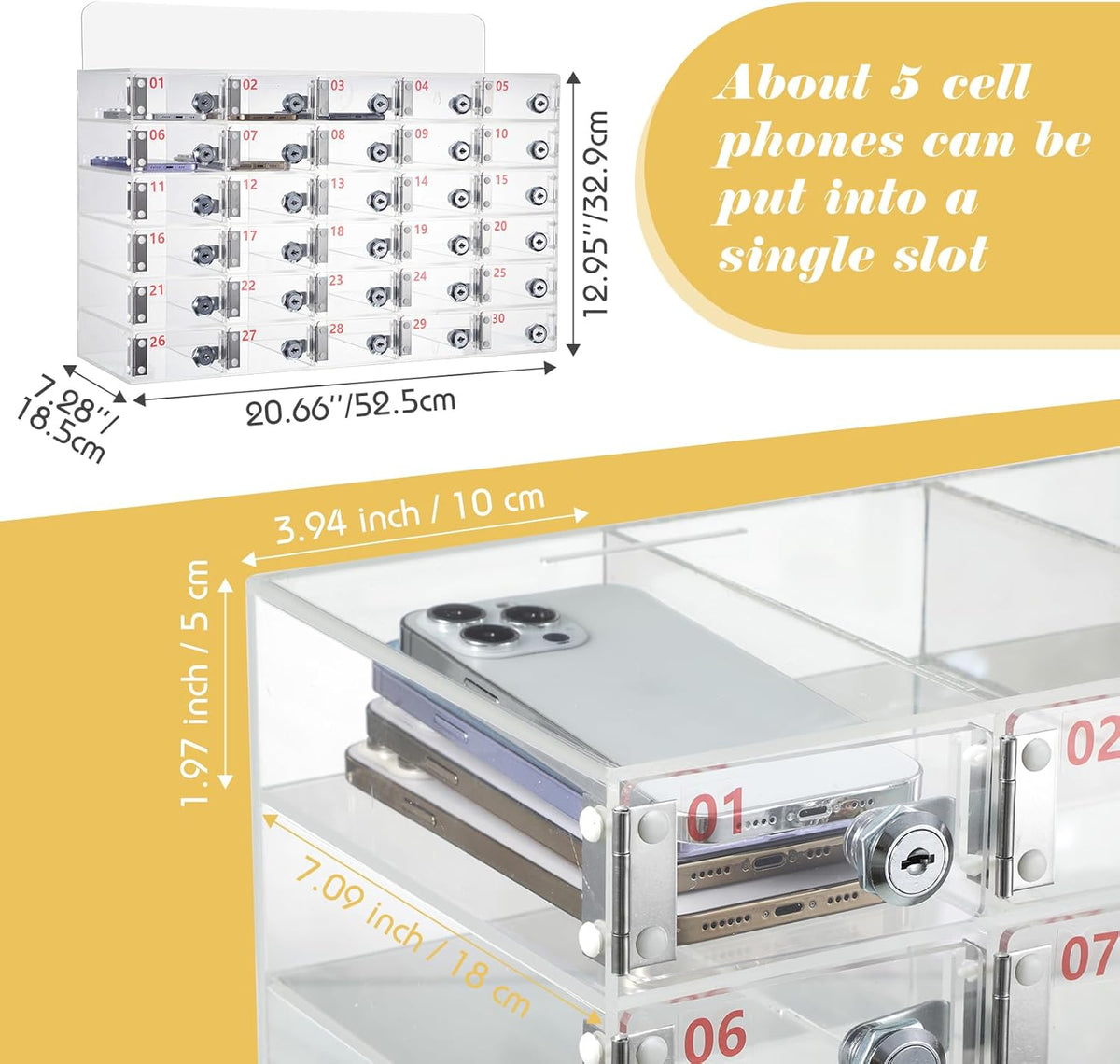 Threan 30 Slot Cell Phone Storage Box, Clear Cell Phone Storage Cabinet Wall Mounted, Including Door Locks and Keys for Office School Factory Classroom Students Staff