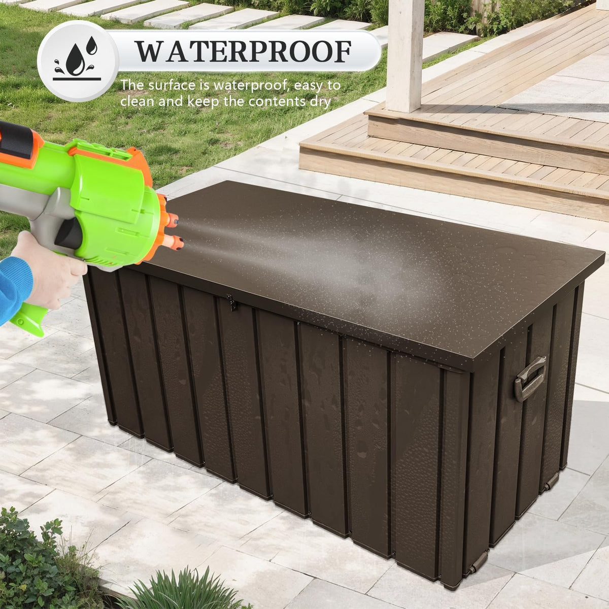 Domi 100 Gallon Deck Box, Metal Outdoor Storage Box with Lock Wheels, Waterproof Outside Storage Box for Patio Cushions