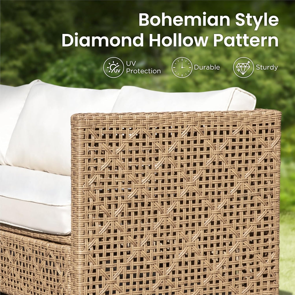 PHI VILLA Sectional Outdoor Couch, Small Patio Furniture Set with Cushions and Acacia Wood Coffee Table, L-Shaped Wicker Outdoor Sofa for Deck or Porch, 4 Seats, Beige
