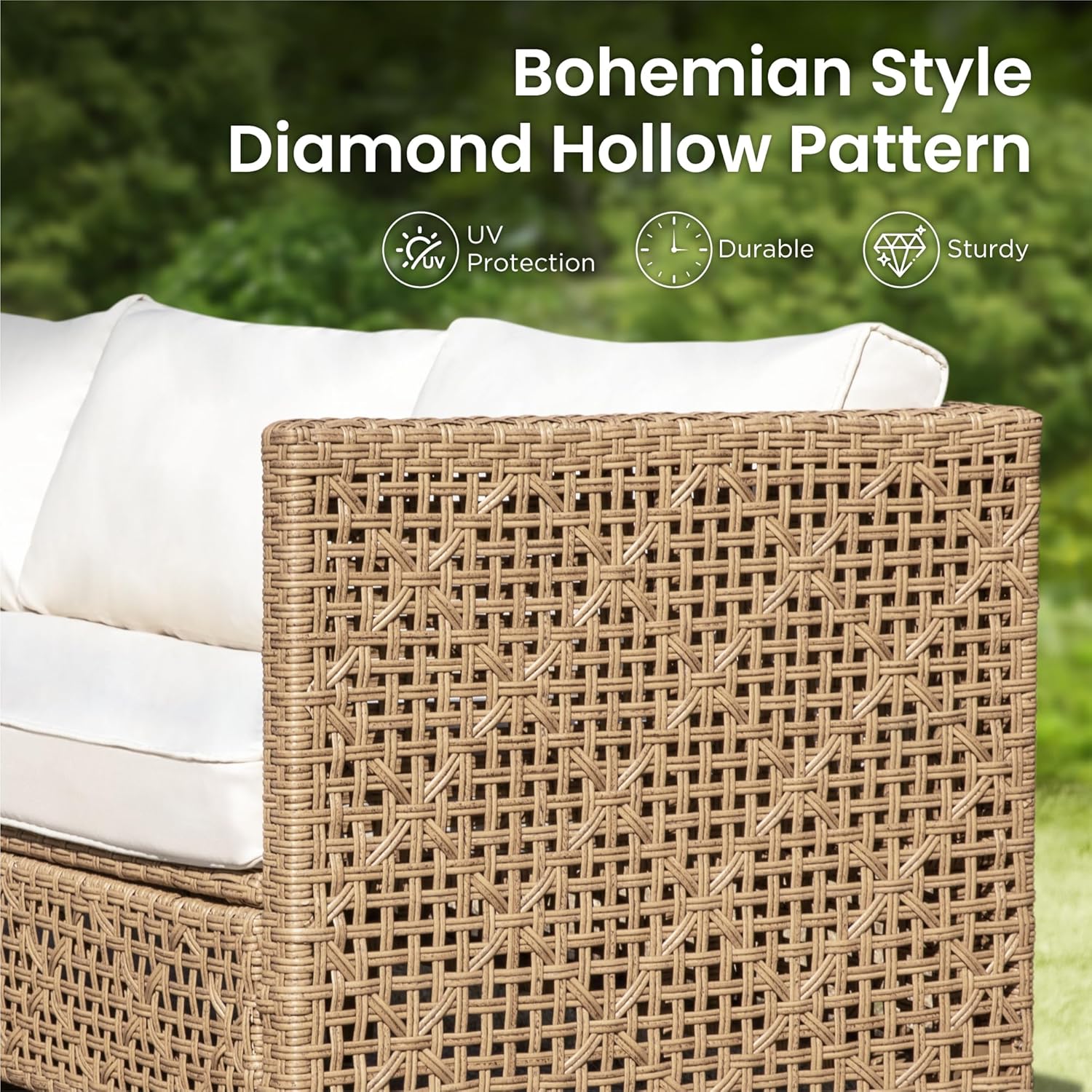 PHI VILLA Sectional Outdoor Couch, Small Patio Furniture Set with Cushions and Acacia Wood Coffee Table, L-Shaped Wicker Outdoor Sofa for Deck or Porch, 4 Seats, Beige