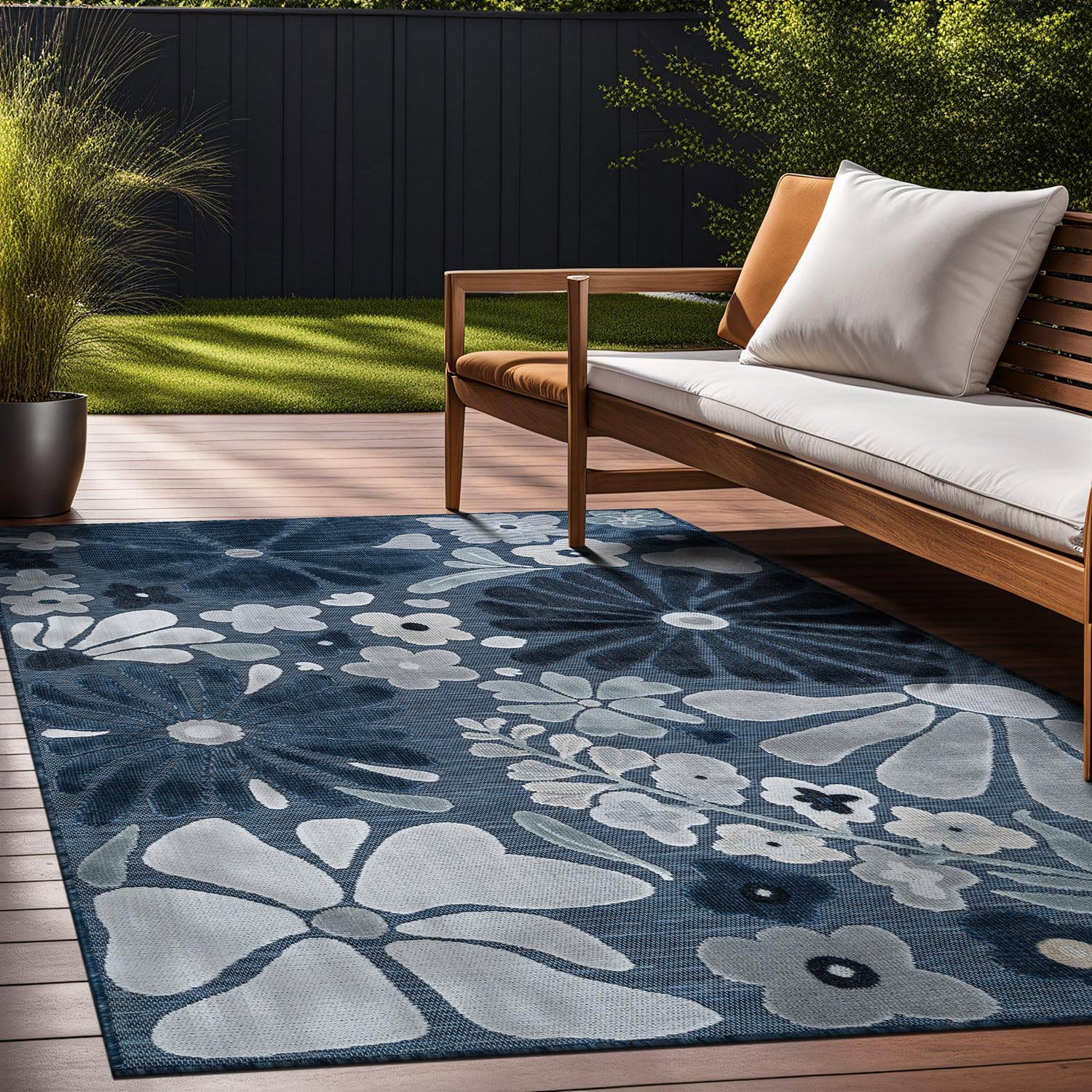 Beverly Rug Outdoor Rug 6x9 Modern Floral Tropical Area Rugs for Outdoor and Indoor Patio Easy to Clean Non Shedding Living Room Porch Garden Washable Outside Carpet (6 x 9 Navy)