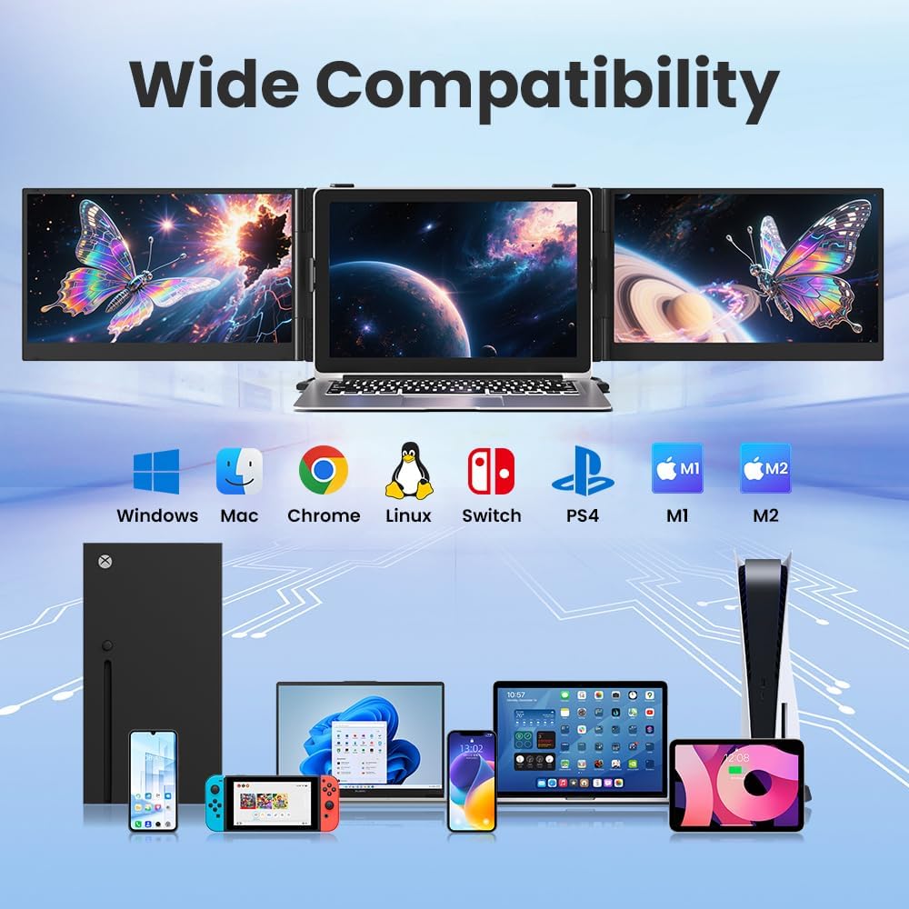 Hyangin Triple Laptop Screen Extender 14-inch, 2026 Upgraded Ultra-Slim 1080P FHD Displays for Laptop, Ultra-Light Triple Monitor for 13.3-17.3" Laptops, Compatible with Windows/Mac/Chrome OS/Phones