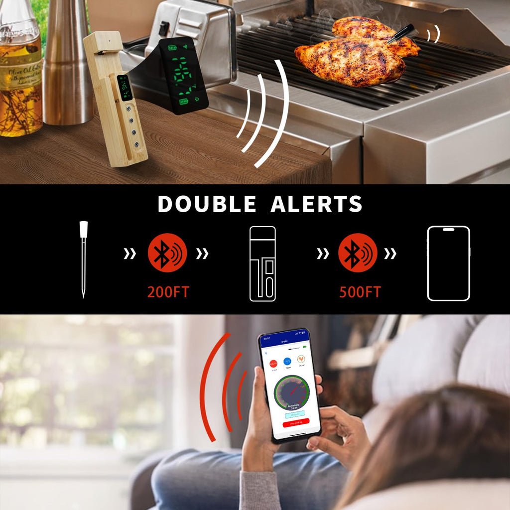 Wireless Meat Thermometer Digital, Smart Bluetooth Instant Read Thermometer .±0.9℉ Accuracy, IP68 Waterproof Food Thermometer for Oven, Smoker, BBQ, Rotisserie, Kitchen