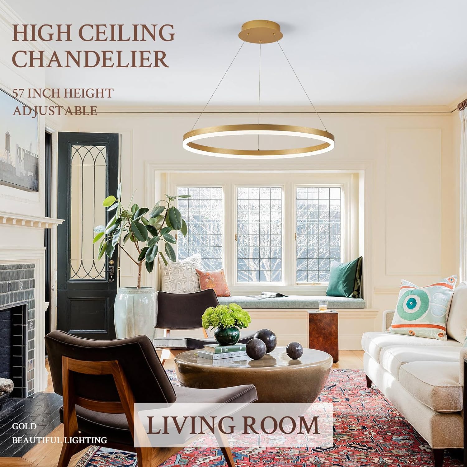 Modern LED Pendant Lighting Ring Chandelier Gold Dimmable LED Chandelier for Dining Room 36W Adjustable Pendant Light Fixture for Living Room Bedroom Home Office Foyer, 3000-6500K D24in