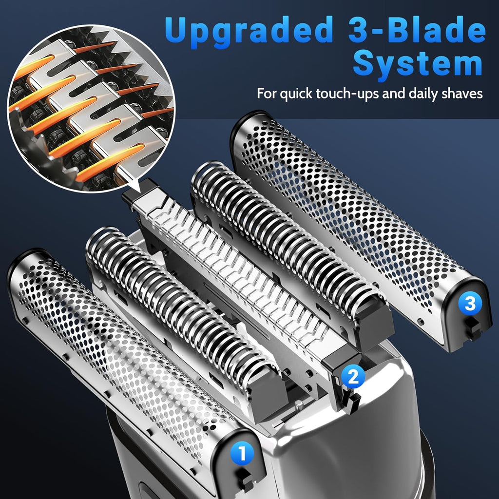 Electric Foil Shavers for Men: Mini Electric Razor with 3 Floating Blades, LED Display, Dual Speed - IPX7 Waterproof Wet/Dry Cordless Razor, USB Fast Charging, Travel Lock (Gray)