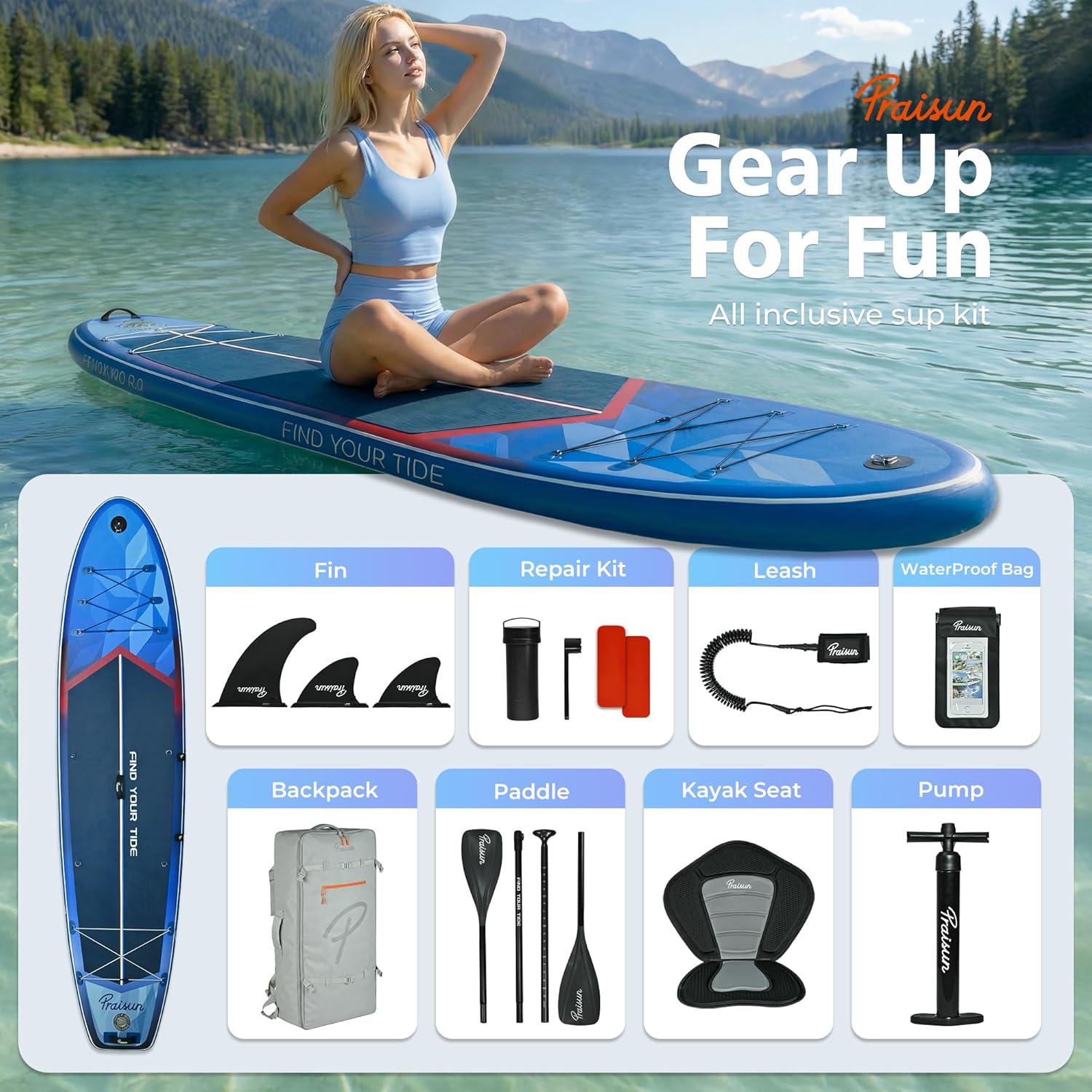 PRAISUN 12' x 35” Inflatable Paddle Board, 450lbs Extra Wide Stand Up Paddleboard for Youth/Adults of All Skill Levels, Stable SUP with Seat & Full Kit, for Fishing, Yoga, Lake & Ocean