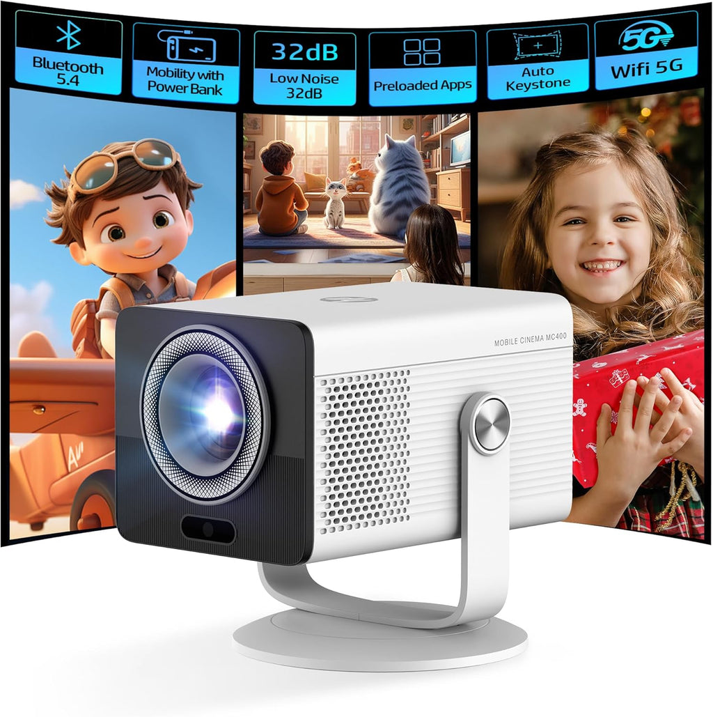 HP MC400 Mini Portable Smart Projector with WiFi and Bluetooth, Short Throw 4K Support & 1080P, Wireless Screen Mirroring, Built-in App & Speaker, USB-C Powered for Home Theater and Outdoor Movies