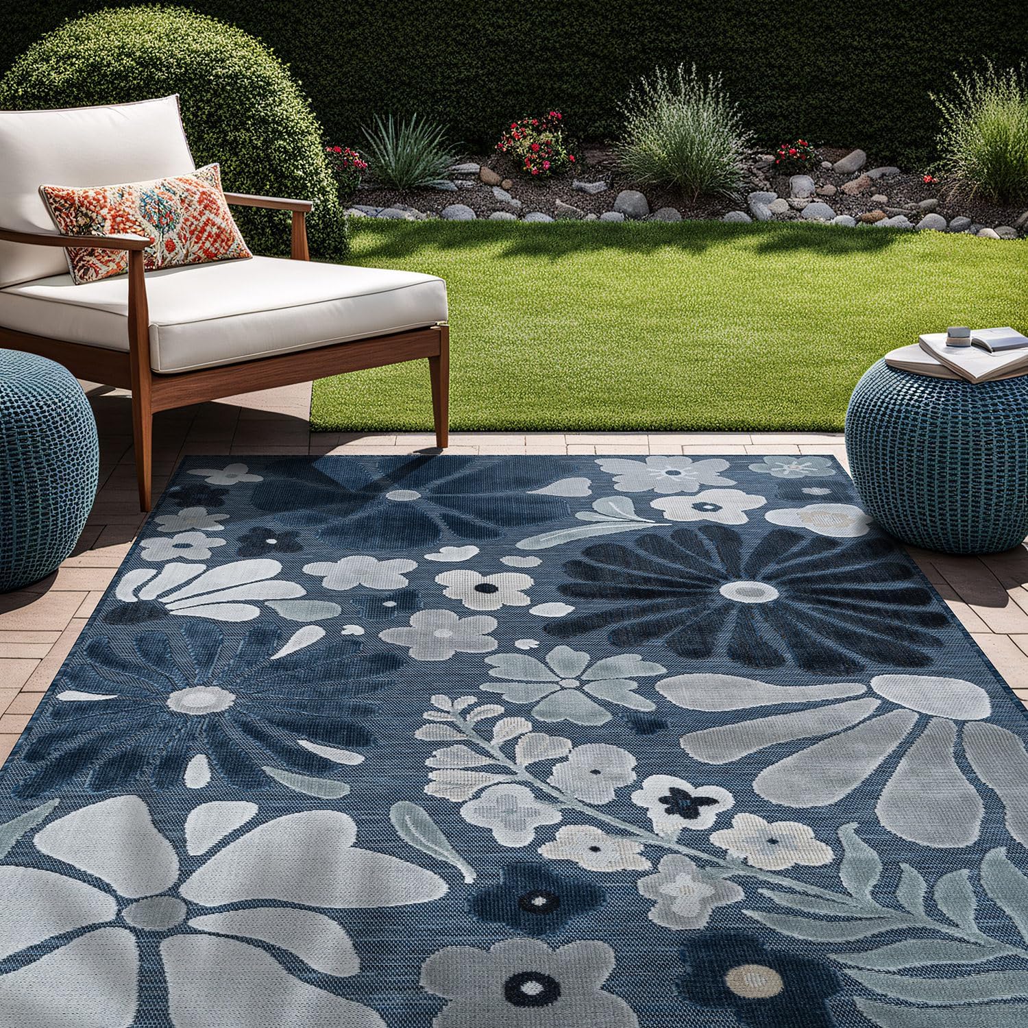 Beverly Rug Outdoor Rug 6x9 Modern Floral Tropical Area Rugs for Outdoor and Indoor Patio Easy to Clean Non Shedding Living Room Porch Garden Washable Outside Carpet (6 x 9 Navy)