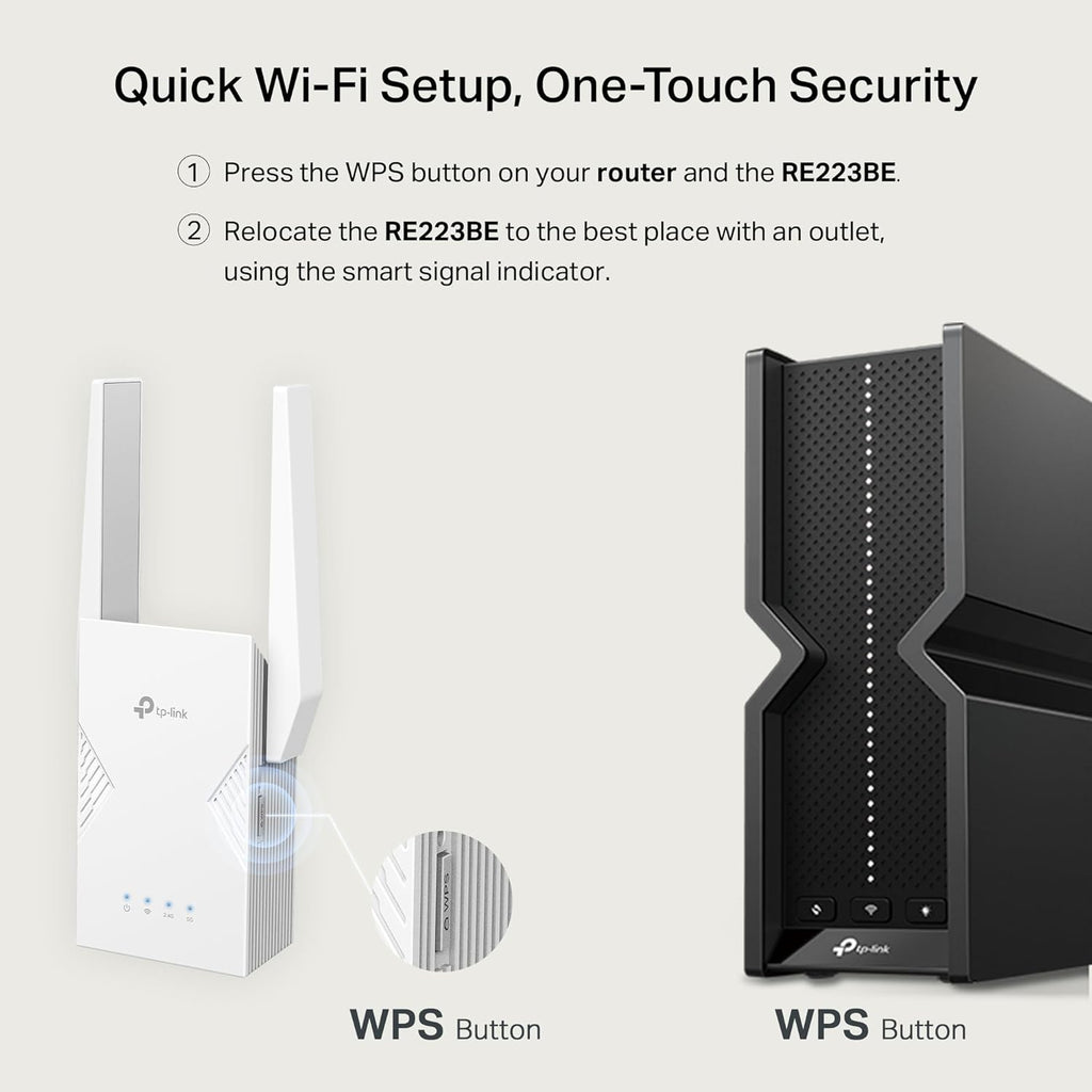 TP-Link BE3200 Wi-Fi 7 Range Extender RE223BE w/Ethernet Port | 3.2 Gbps Dual-Band Wireless Repeater | Internet Signal Booster for Home | Up to 2400 sq.ft, 64 Devices | MLO, EasyMesh | No 6 GHz Band
