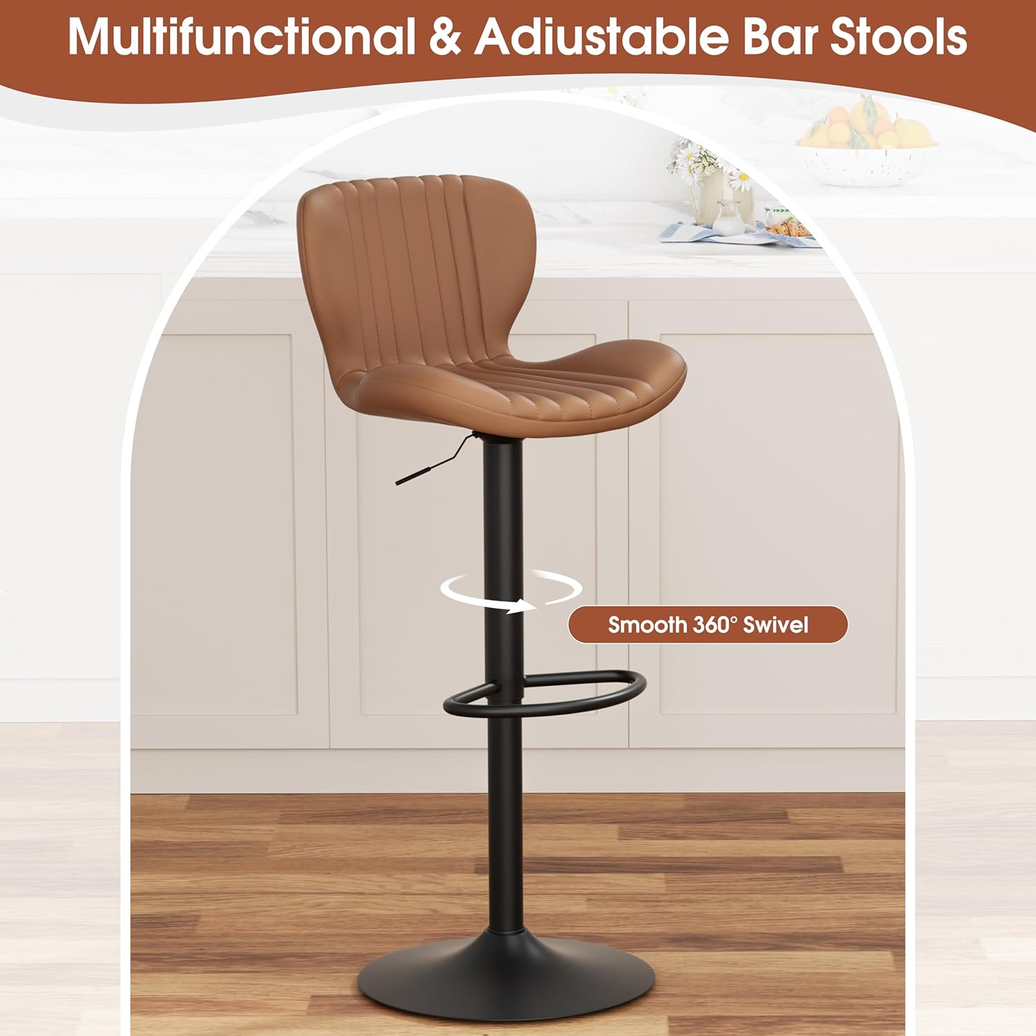 JAMFLY Bar Stools Set of 4, Leather Adjustable Barstools Counter Height Modern Bar Stools, Island Chairs Set of 4 for Kitchen, Brown