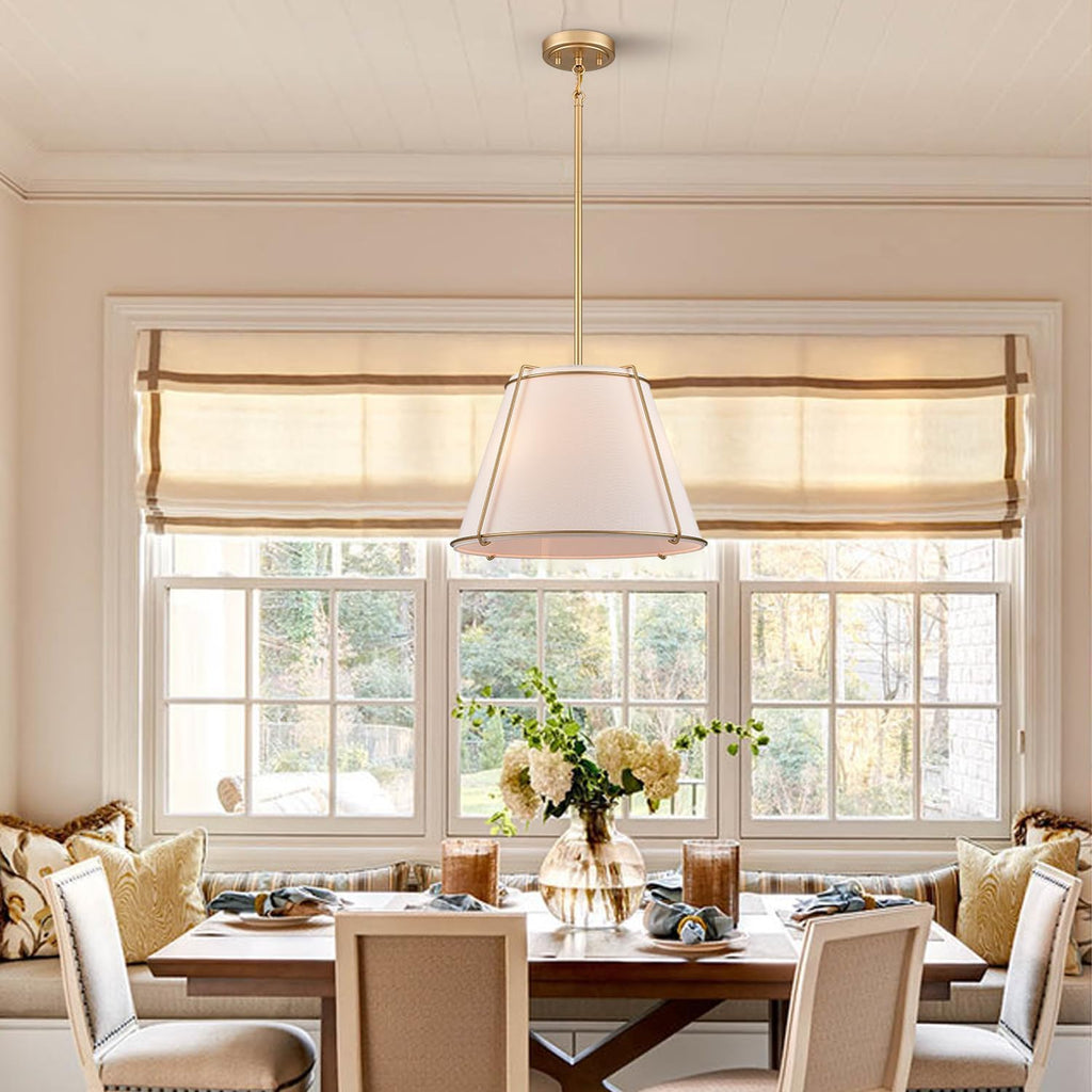 Cone Pendant Light Fixture with Metal Lantern Fabric Drum Shade 16" White and Gold Chandeliers for Kitchen Dining Room Living Room Bedroom