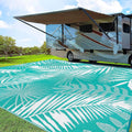 Outdoor Rug Waterproof for Patios Clearance, 10'x14' Quick Drying Outdoor Plastic Straw Rug Camping Carpet, Outside Floor Mats Large Area Rugs for RV,Patio,Deck,Porch, Beach, Balcony,Teal&White