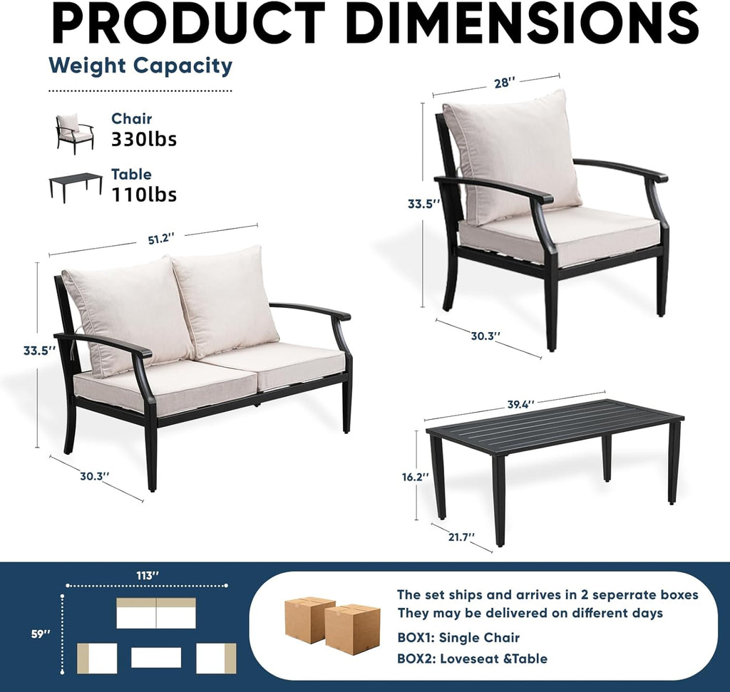 4 Piece Outdoor Patio Furniture Set, Oversized Metal Conversation Set with High Back & Deep Seating, Water-Repellent Cushions, Coffee Table for Porch, Deck, Backyard, Beige