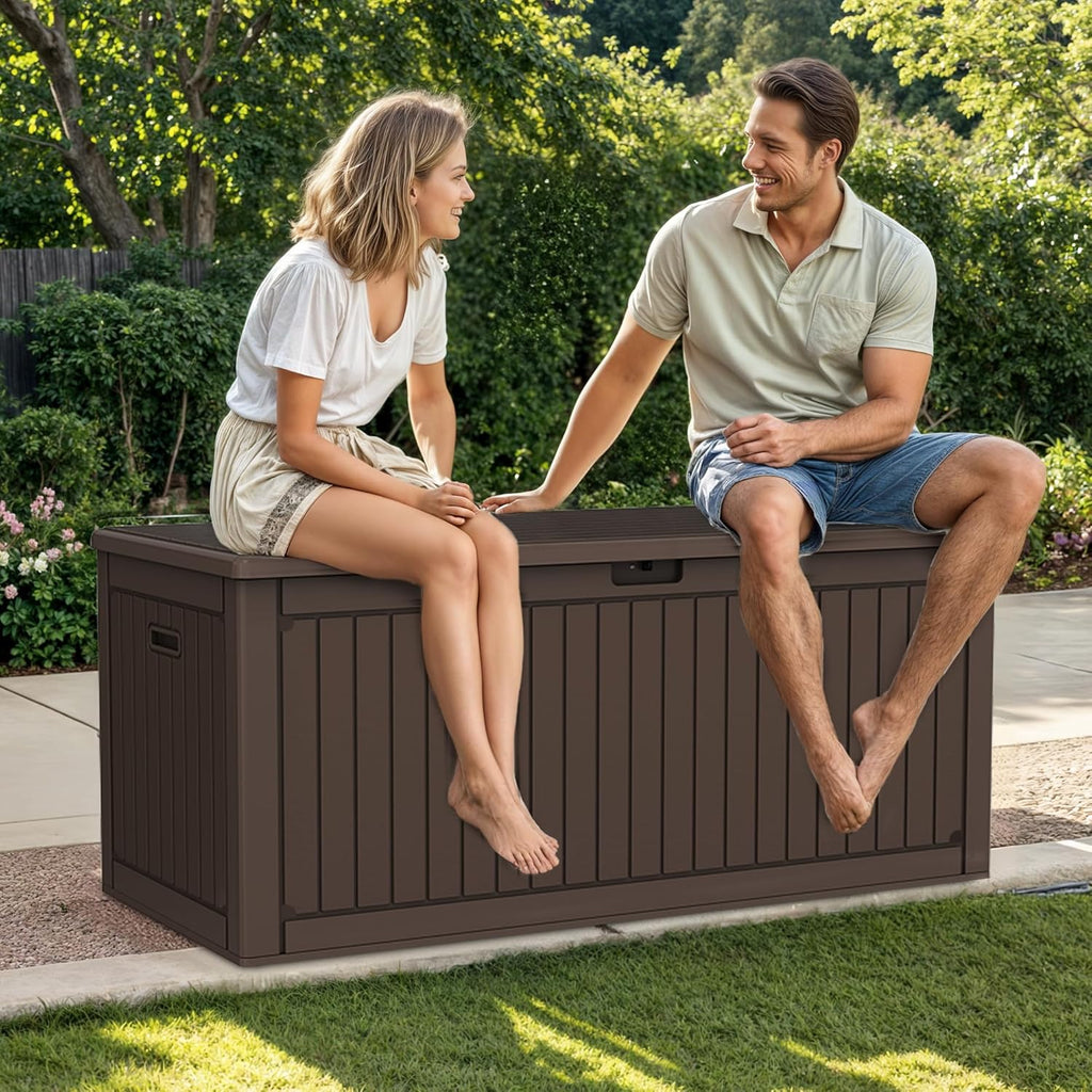 DWVO 320 Gallon Resin Outdoor Storage Box, XXL Double-Wall Waterproof Deck Box with Divider, Doubles as Table or Seating with 1000 lbs Capacity, Lockable (Brown)
