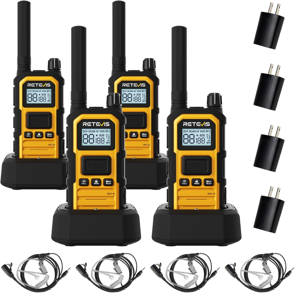 Retevis RB48 Plus Heavy Duty Walkie Talkies with Earpiece, IP67 Waterproof Two Way Radios, Long Range 2 Way Radio, Group Call, VOX, SOS, NOAA (4 Pack)