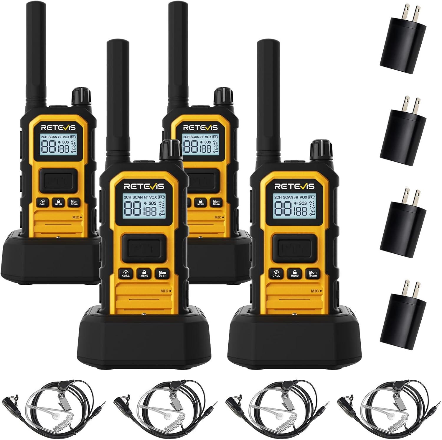 Retevis RB48 Plus Heavy Duty Walkie Talkies with Earpiece, IP67 Waterproof Two Way Radios, Long Range 2 Way Radio, Group Call, VOX, SOS, NOAA (4 Pack)