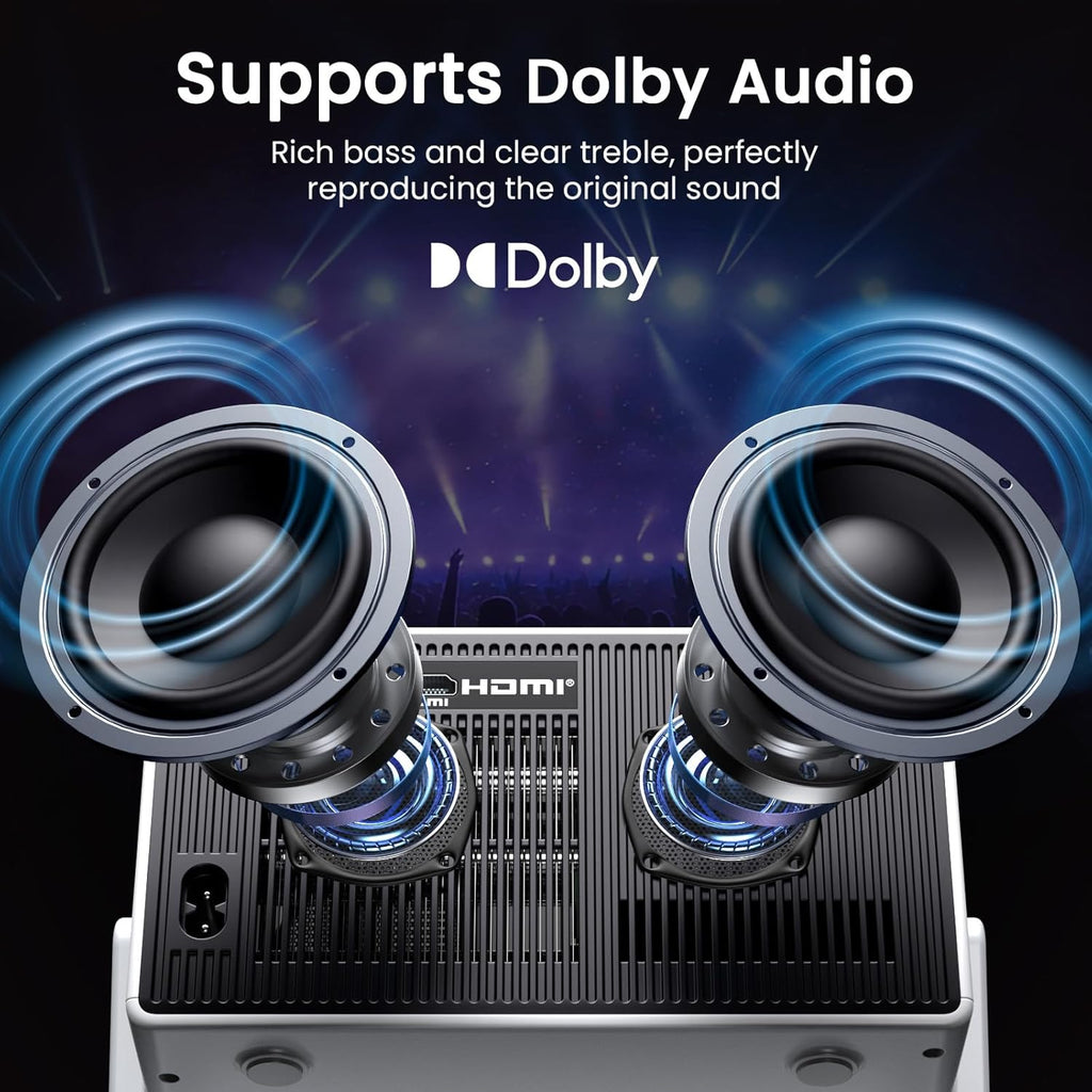 1500 ANSI Smart Projector, Portable Projector with WiFi and Bluetooth, HAPPRUN 4K Full HD Home Theater with 270° Stand, Dolby Sound, Built-in Apps,Compatible with Phone & PC, Indoor & Outdoor Use