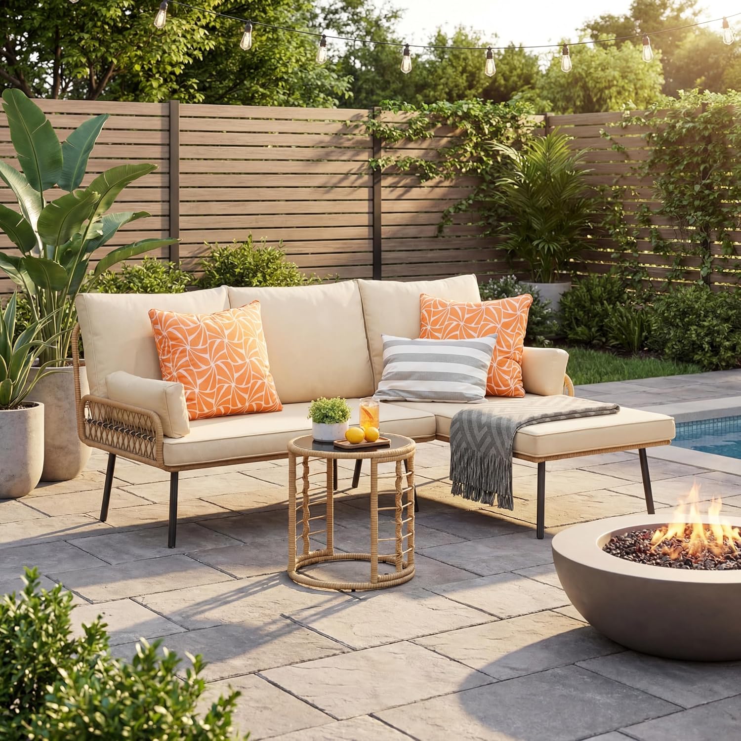 Gizoon 3-Piece Outdoor Patio Furniture Set, All-Weather PE Wicker L-Shaped Conversation Sofa with Thick Cushions & Glass Table, for Backyard, Porch, Balcony, Poolside (Beige)