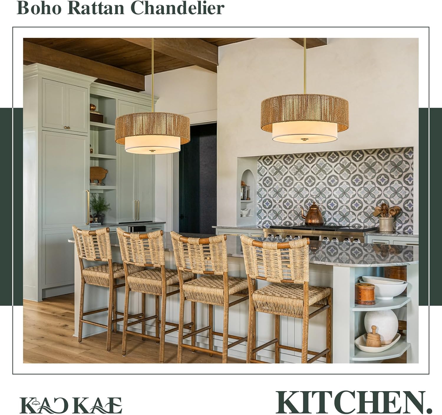 Boho Rattan Chandelier 18'' Gold Hand Woven Chandeliers with Fabric Shade 4-Light Drum Pendant Light Fixture for Dining Room Bedroom Kitchen Hallway Foyer