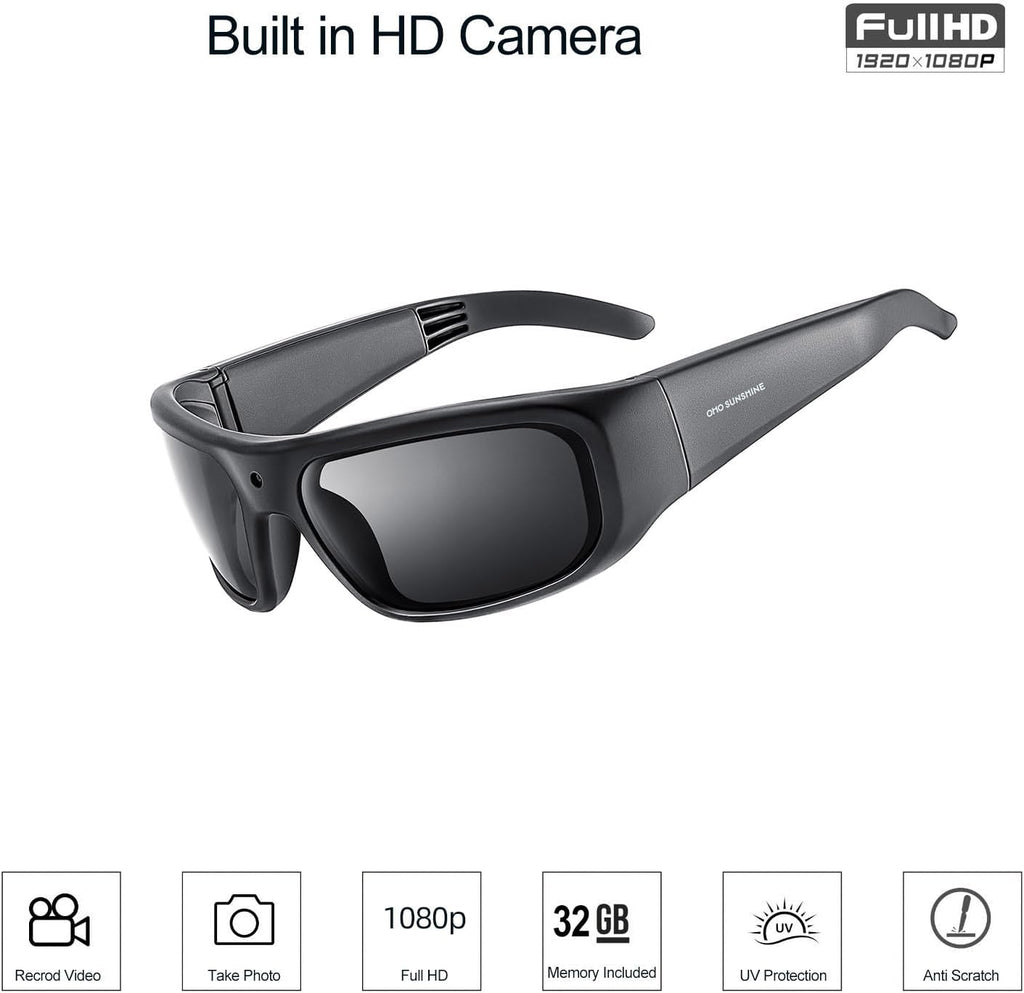 OHO Ultra-Thin Lightweight Sports Camera Sunglasses, 24MP Camera, 1080P Video, Water Resistant UV400 Lens