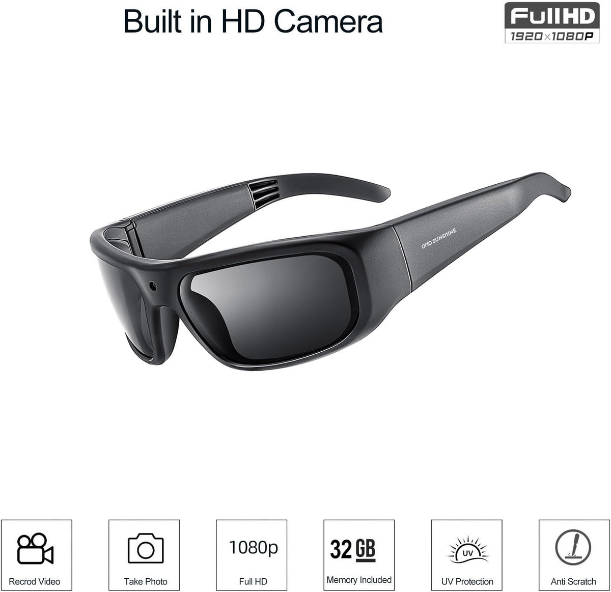 OHO Ultra-Thin Lightweight Sports Camera Sunglasses, 24MP Camera, 1080P Video, Water Resistant UV400 Lens