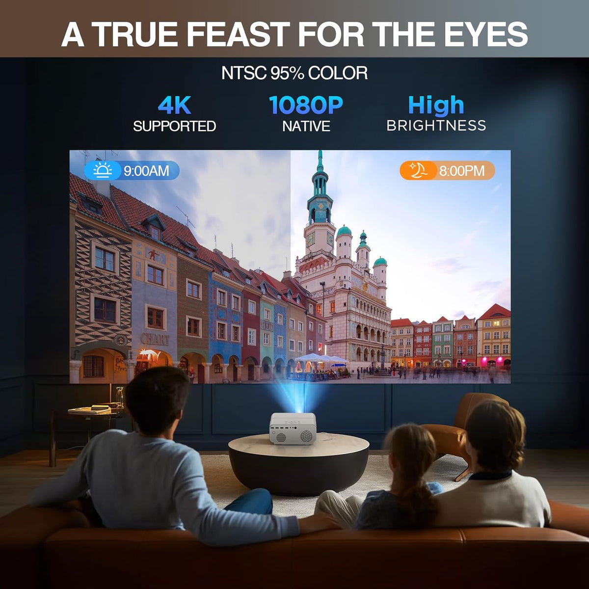 Auto Focus/4K Support Projector with WiFi and Bluetooth, Native 1080P Outdoor Movie Projector with Auto Focus/4P6D Keystone/50% Zoom/PPT, DBPOWER Portable Projector for iOS/Android/TV Stick