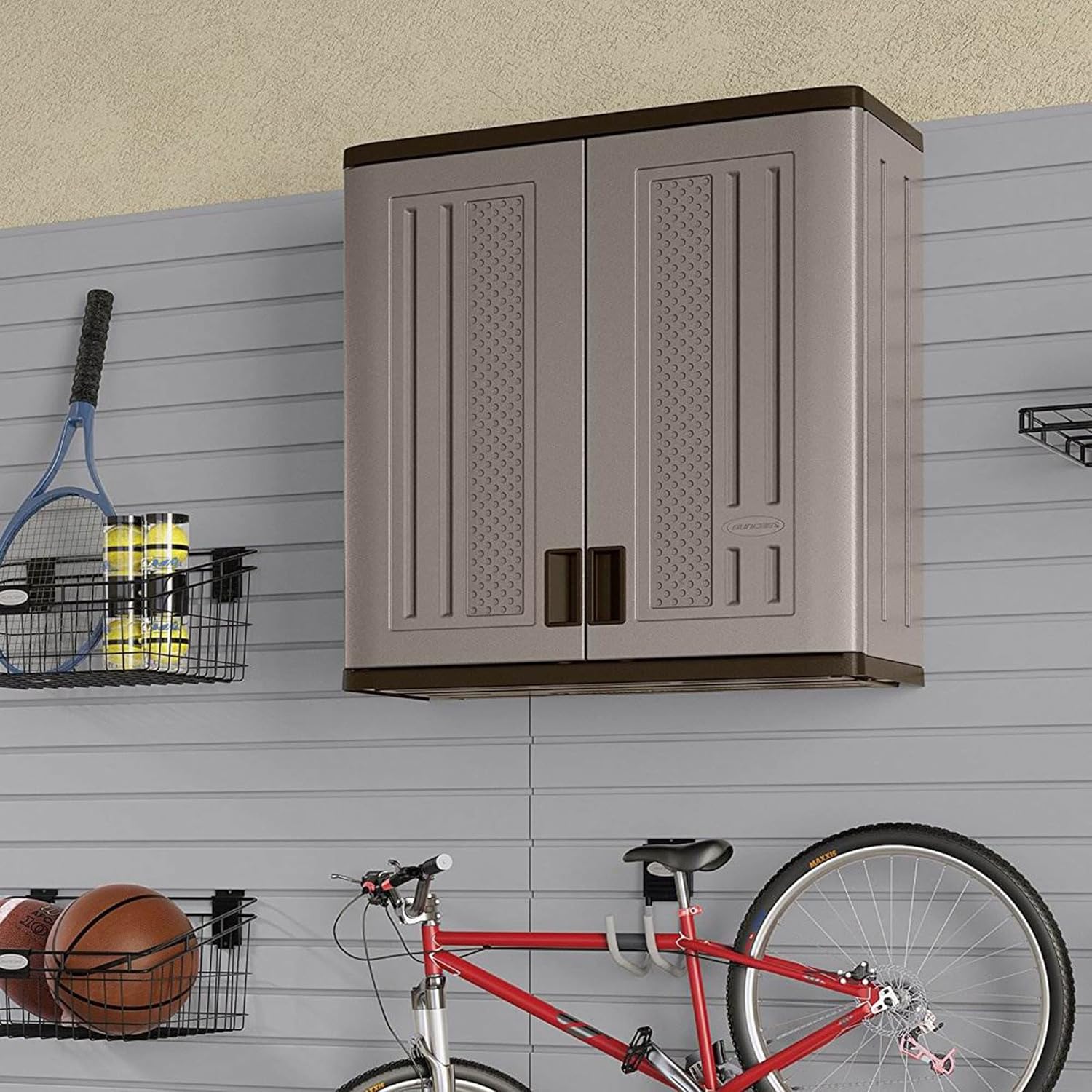 Suncast Wall Storage Cabinet for Garage Organization - 4 Cu. Ft. Wall Mounted Garage Cabinet with Shelf for Garden Supplies, Paint Cans & Outdoor Tools, Multi-Wall Resin Construction, Platinum