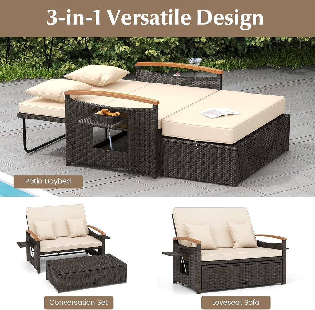 LDAILY Moccha Outdoor Wicker Daybed, Patio Rattan Loveseat Sofa w/ 4-Level Adjustable Backrest, Folding Panels, Storage Ottoman & Cushions, Lounge Furniture Set for Poolside Backyard Porch (Beige)