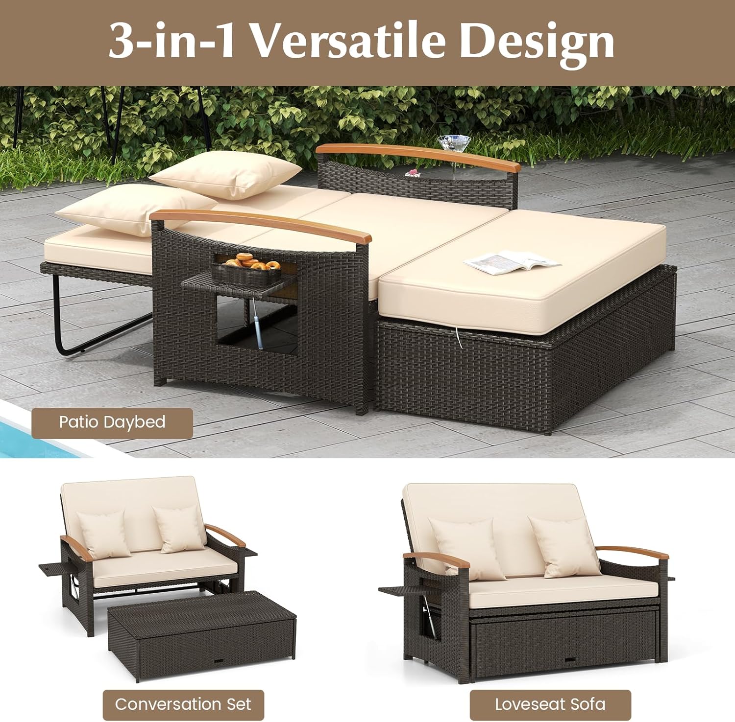 LDAILY Moccha Outdoor Wicker Daybed, Patio Rattan Loveseat Sofa w/ 4-Level Adjustable Backrest, Folding Panels, Storage Ottoman & Cushions, Lounge Furniture Set for Poolside Backyard Porch (Beige)